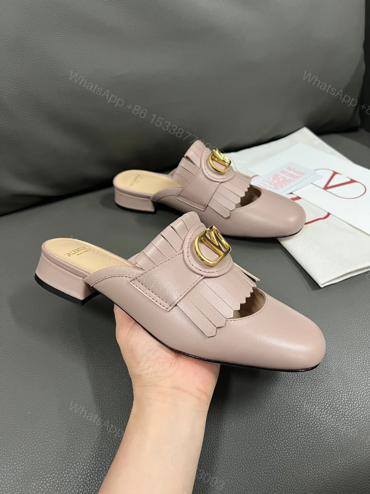 View 5 of Valentino Women Pink Leather Fringe Mules