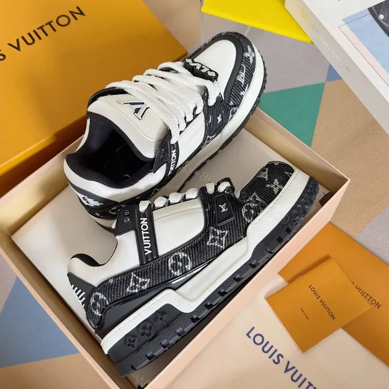 View 7 of White Leather LV-Patterned Low-Top Sneakers