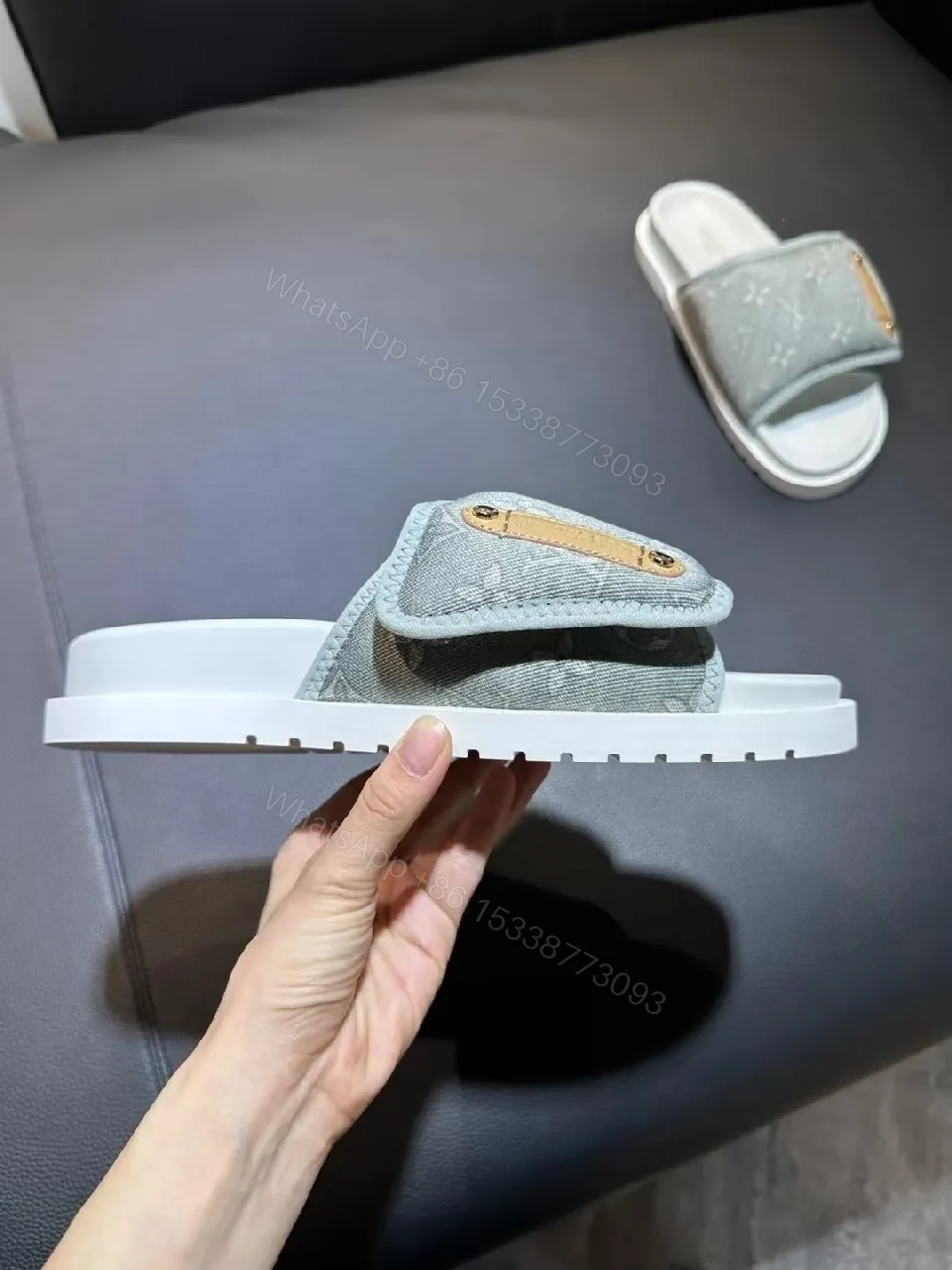 View 6 of Denim-Trim Monogram Slides: chic, all-day comfort