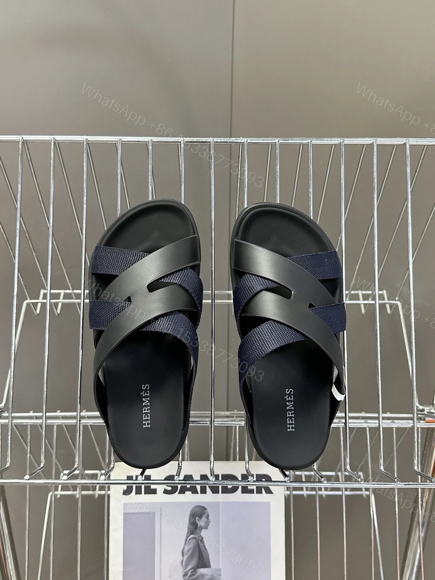 View 2 of Hermes Women Navy Blue Leather And Fabric Sandals