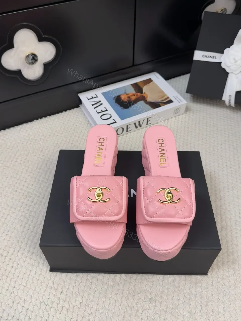 Pink Quilted Sandals with Gold Logo: Chic Comfort Sandals — view 1
