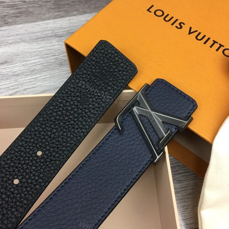 View 6 of Navy Leather Belt: LV Silver Buckle, Pebble-Grain Calfskin, Luxury Style, Premium All-Day Wear, Belt
