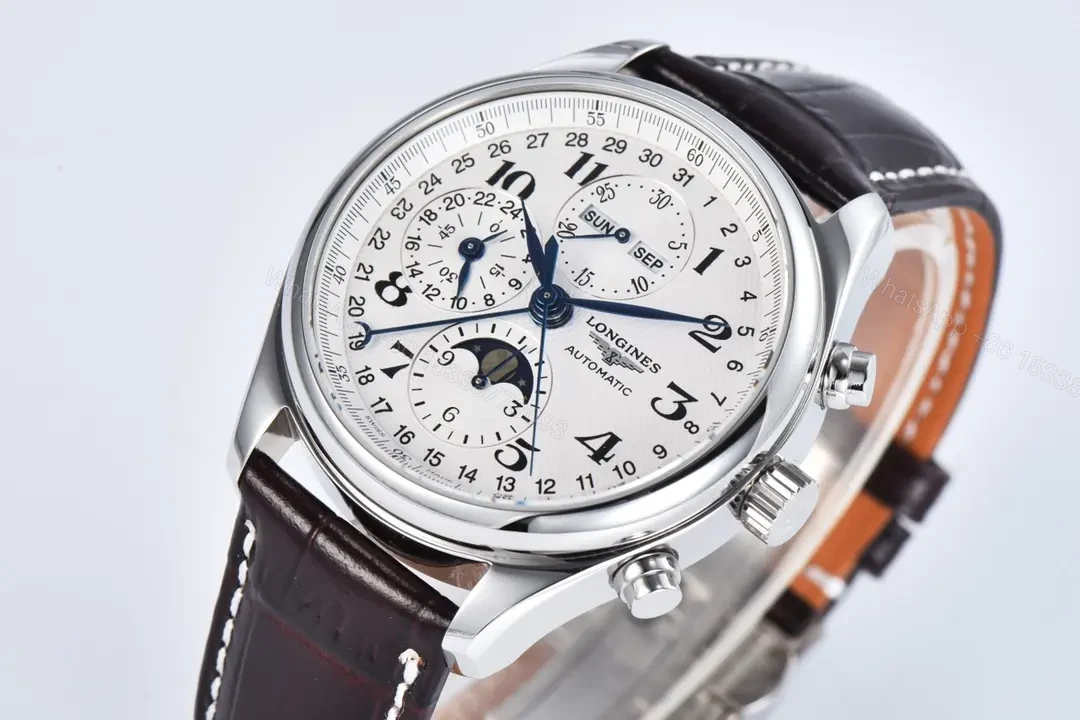 View 3 of Longines Master Collection Moonphase Chronograph Watch Silver Dial Blue Hands Brown Leather Strap 42mm Case