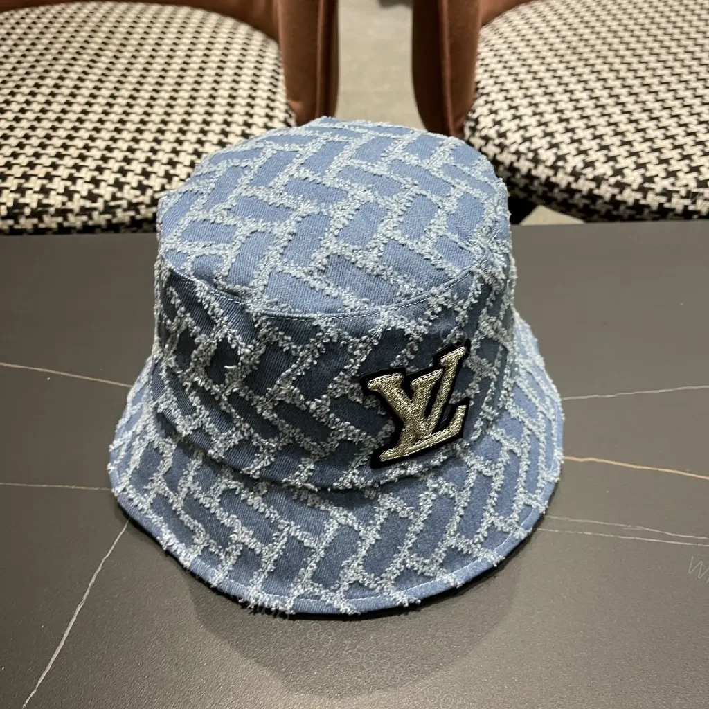 View 3 of Textured Denim Bucket Hat with LV Emblem