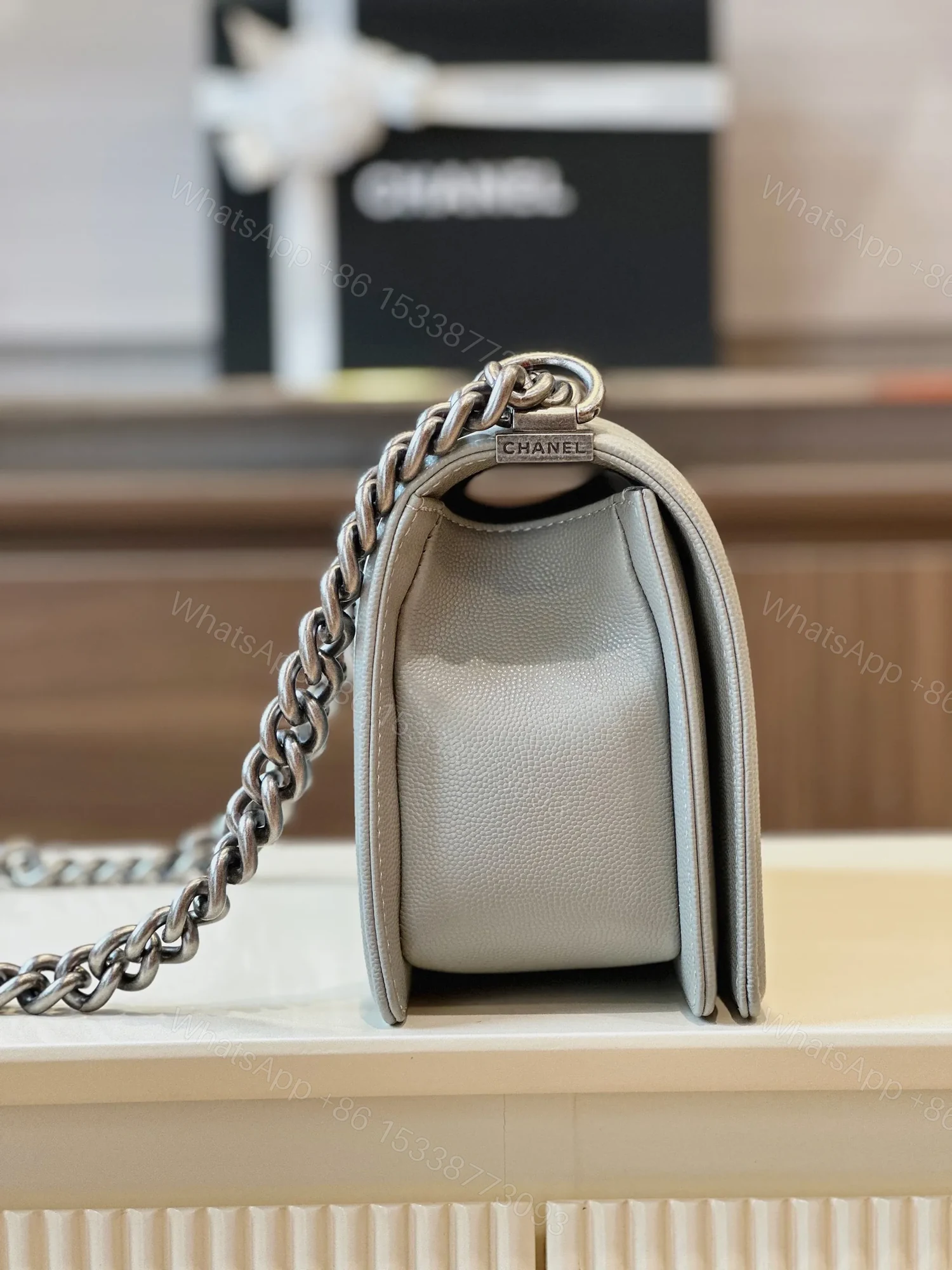 View 4 of Chanel Boy Medium Handbags Grey Leather With Silver Lock 25cm