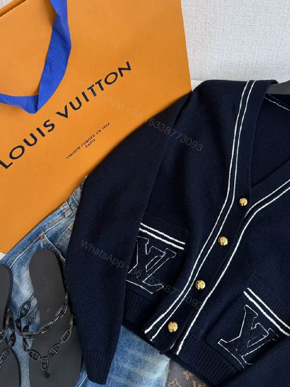 View 4 of Navy Knit Cardigan with White Trim and LV Piping