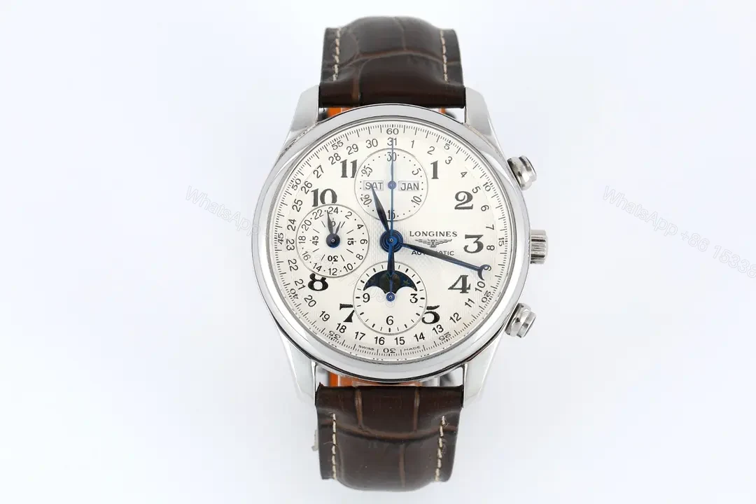Longines Master Collection Moonphase Eight Hand V4 Edition Silver Dial Brown Leather Strap Stainless Steel Case — view 1