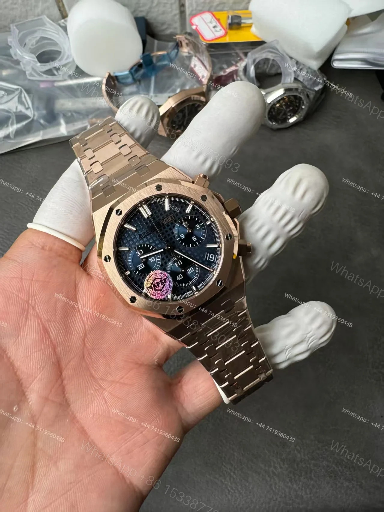 View 7 of Audemars Piguet Super Clone Royal Oak Rose Gold Blue Dial 26240 Chronograph 41mm Cal.4401
