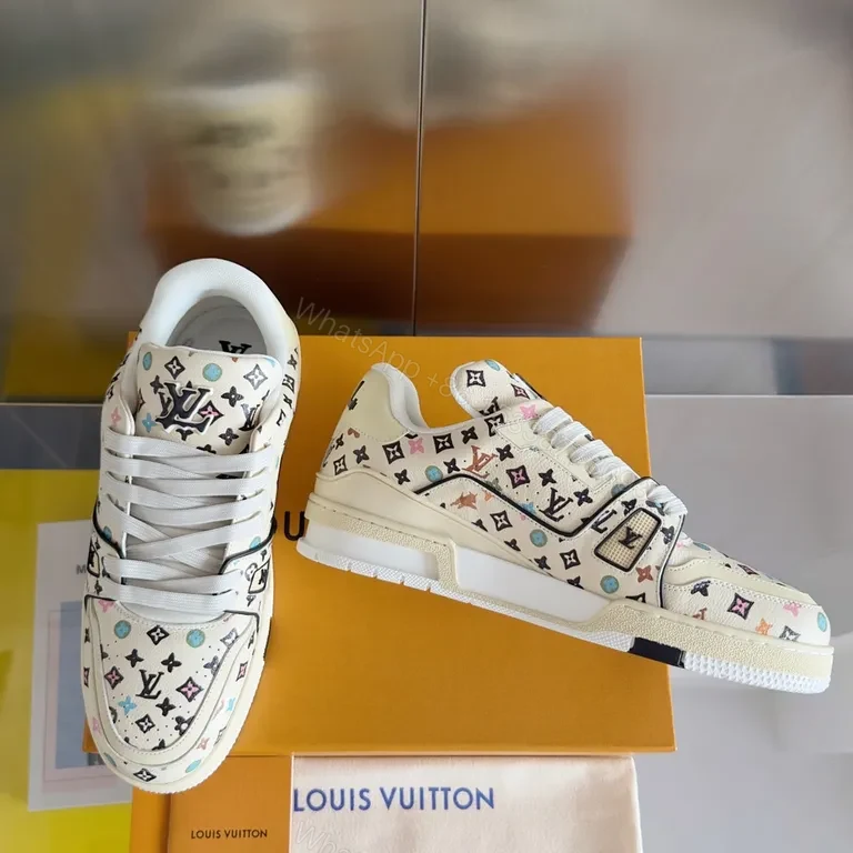 View 7 of White LV-Pattern High-Top Sneakers: Multicolor Luxury Comfort