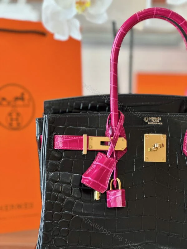 View 4 of Hermes Birkin 30 Black/Pink Genuine Crocodile Leather – Custom Made