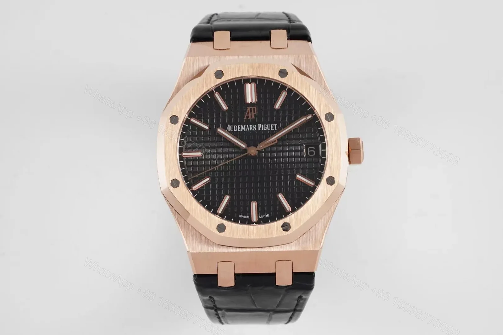 BF Factory Audemars Piguet Royal Oak 15500 Rose Gold Black Dial Black Leather Strap Watch — view 1