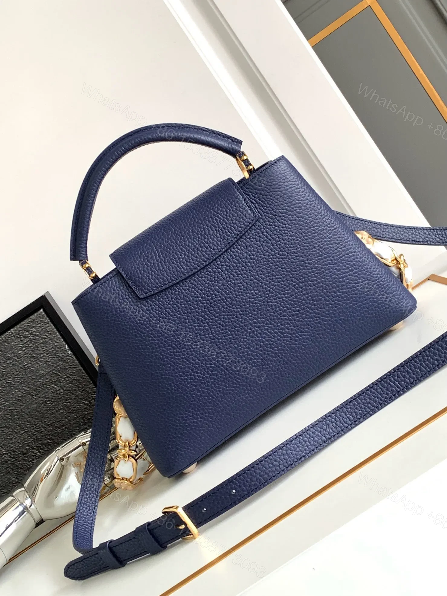 View 8 of Louis Vuitton LV Capucines BB Woman’ Like Auth Navy Blue Handbags 27x18x9cm