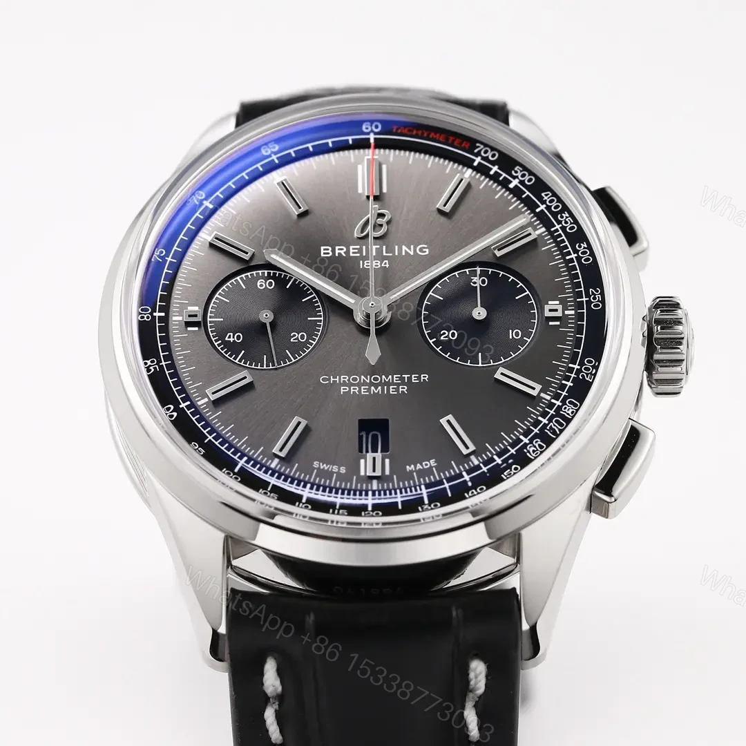 View 3 of GF Factory Breitling Premier B01 Chronograph Watch – Black Dial, Blue Bezel, Stainless Steel Case, Leather Strap