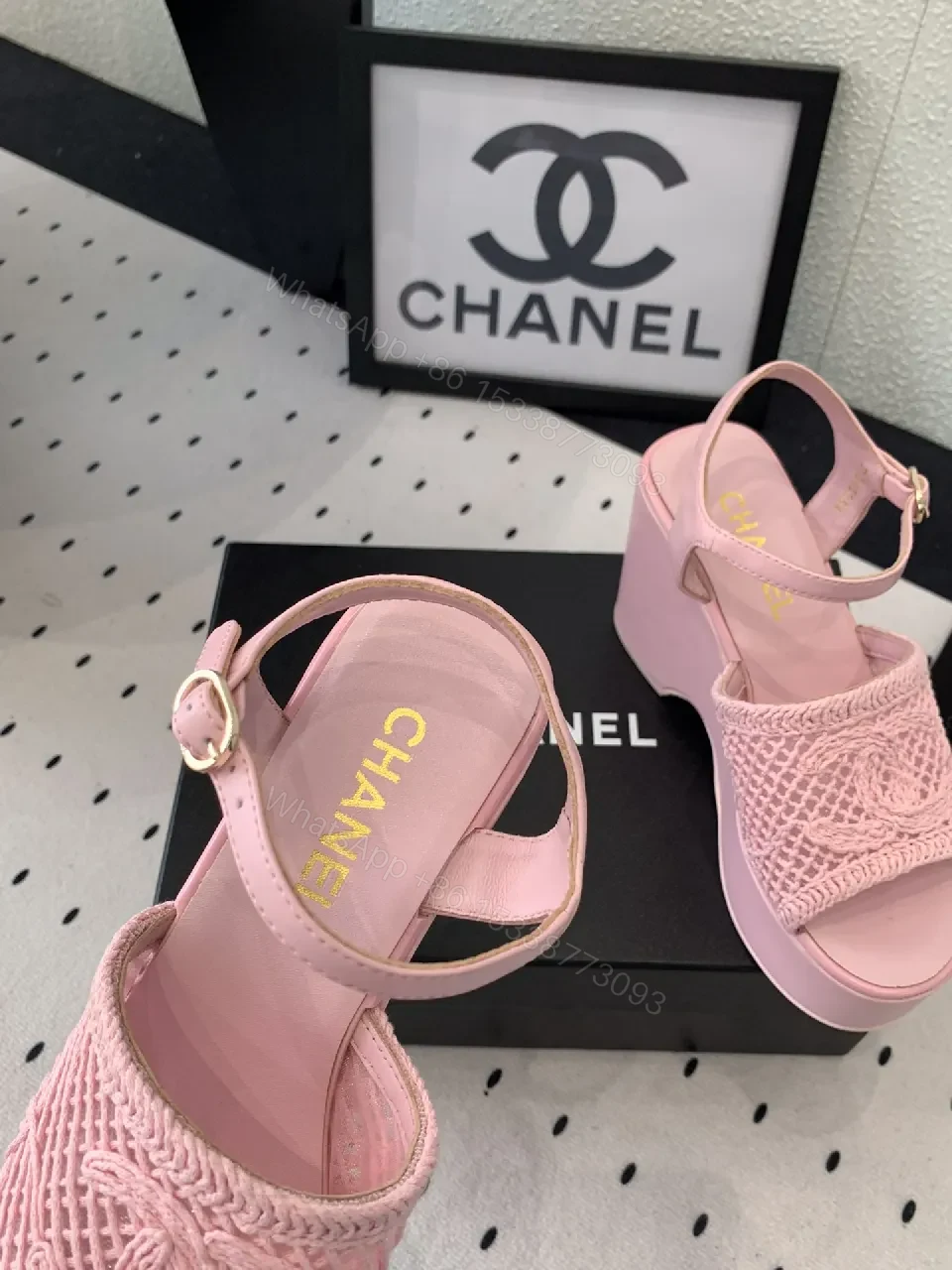 View 3 of Pink Knit-strap Platform Sandals with Pave Textured Sole