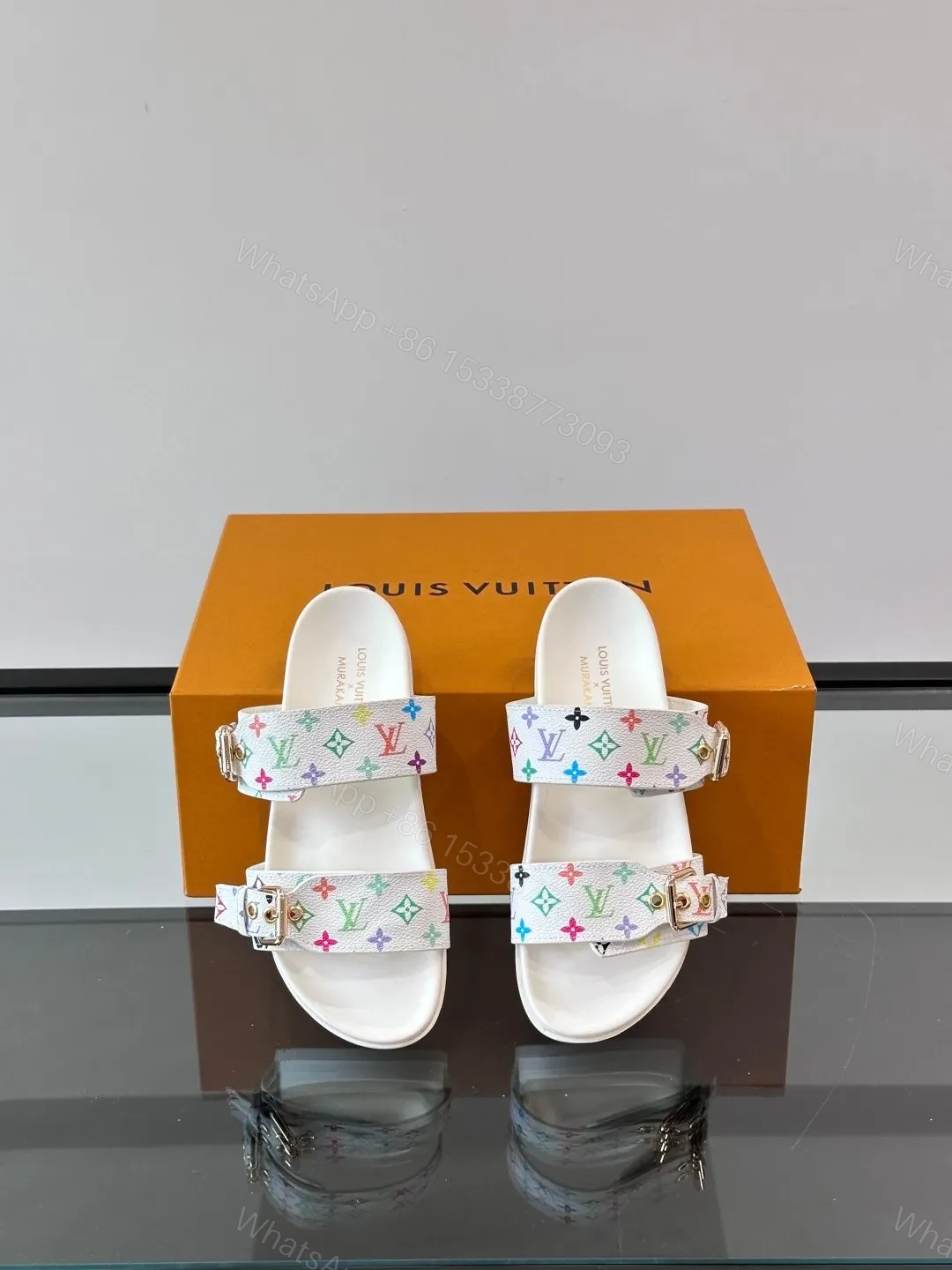 View 6 of LV Men White Multicolor Pattern Leather Sandals