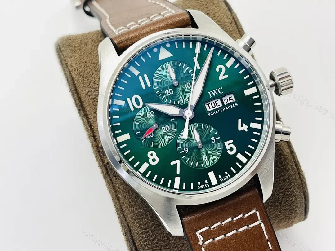 View 2 of IWC Green Brown Pilot Chronograph Green Dial Leather Strap Ultimate 43MM IWC-PILOT-CHR-GRN43-L