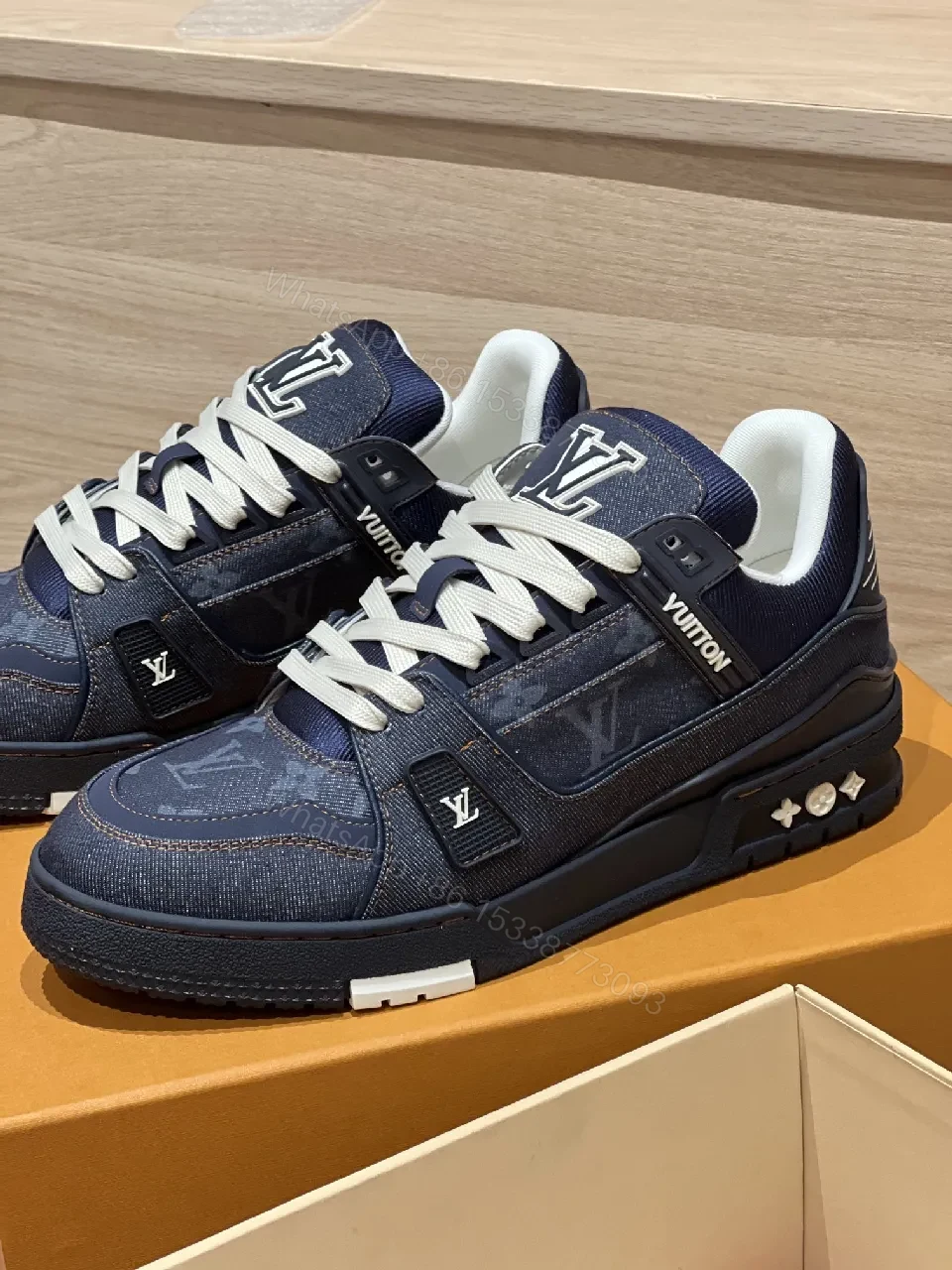 View 6 of Dark Denim-Effect Luxe High-Tops with Signature Hardware