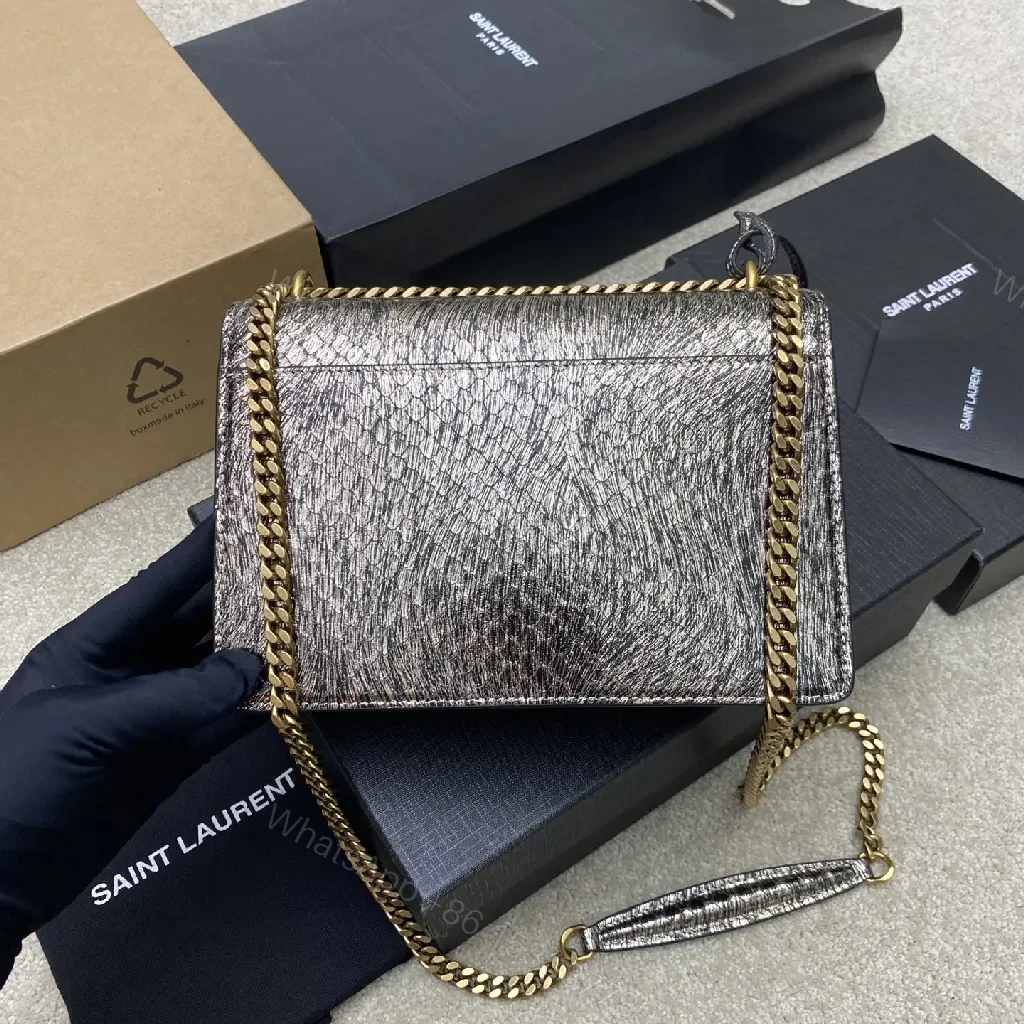 View 5 of Metallic Textured Wallet-On-Shoulder Bag with YSL Hardware