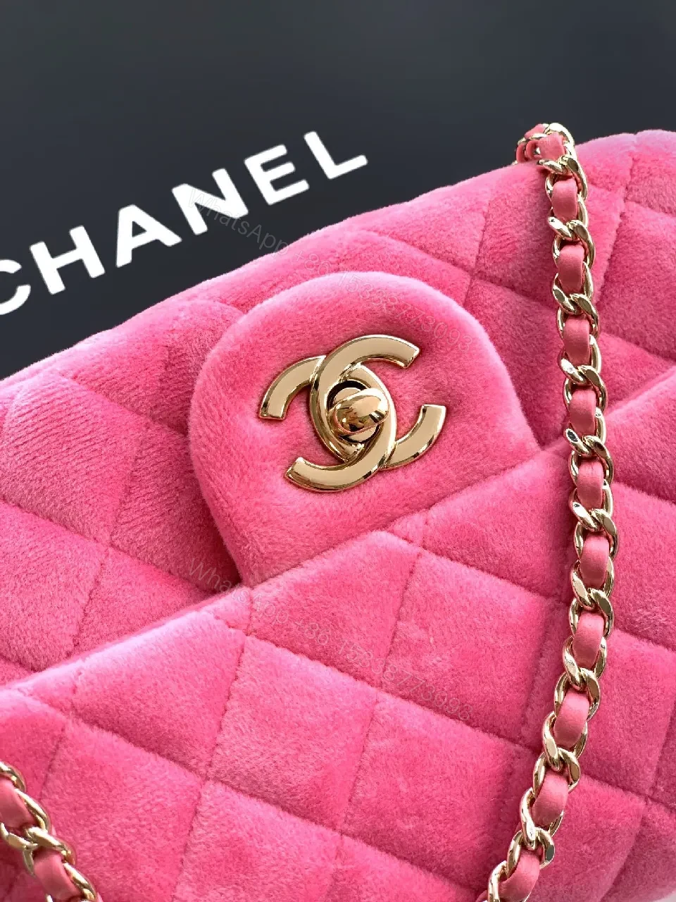 View 7 of Pink Velvet Quilted Flap Bag with Gold Hardware