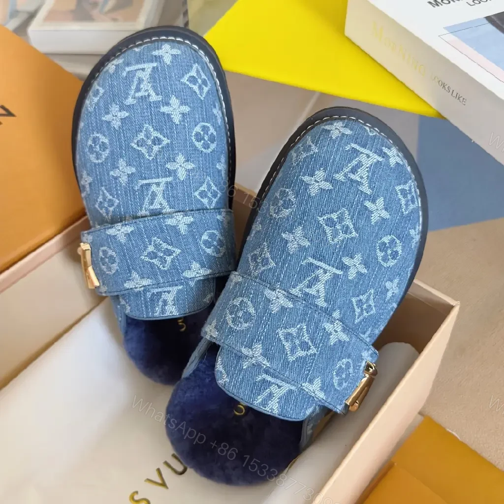 View 2 of Denim-Textured Monogram Mule: Cozy Luxe Slip-On Comfort