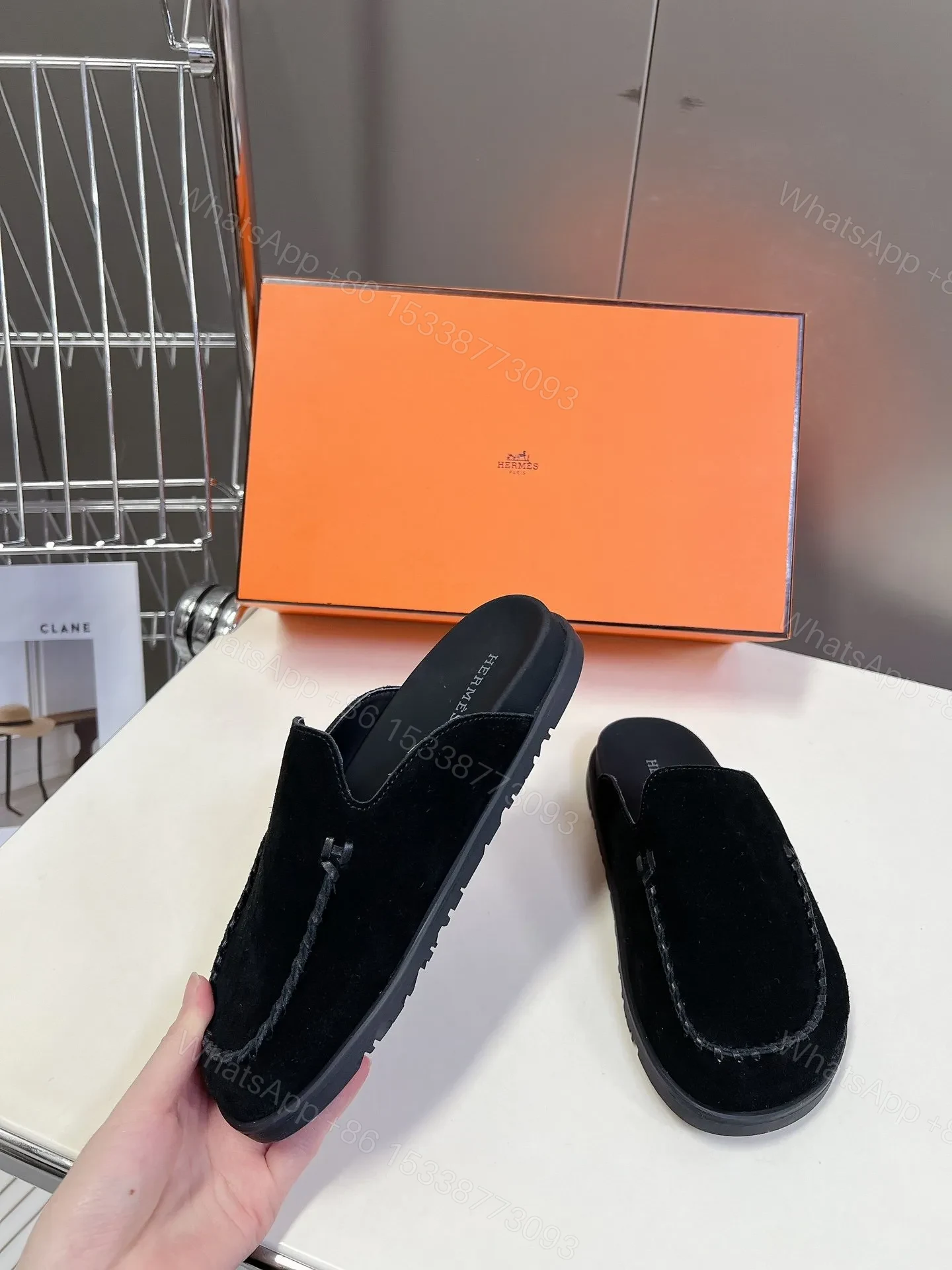 View 3 of Hermes Women Black Suede Slippers