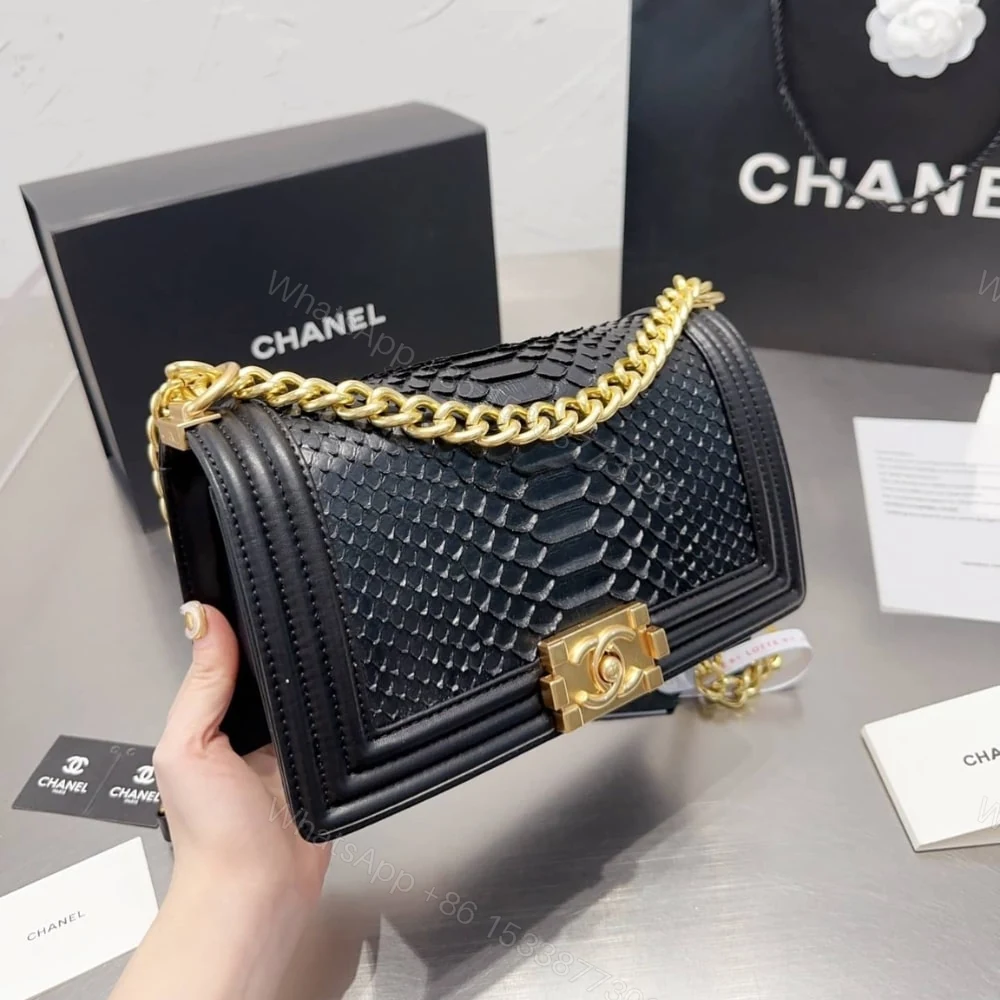 View 2 of Chanel Boy Flap Bag Snake Black 25Cm