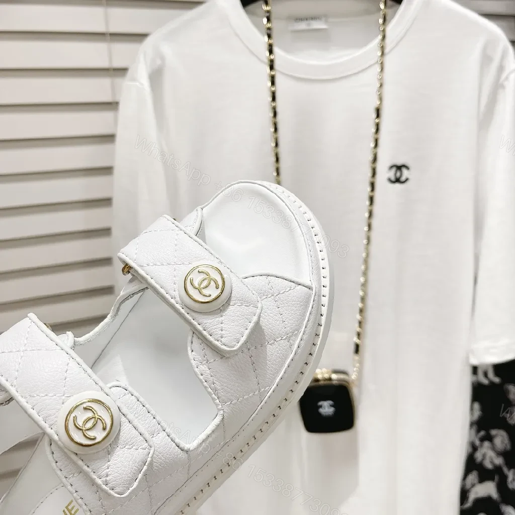 View 5 of White Quilted Sandals with Gold Hardware, Comfortable Luxury