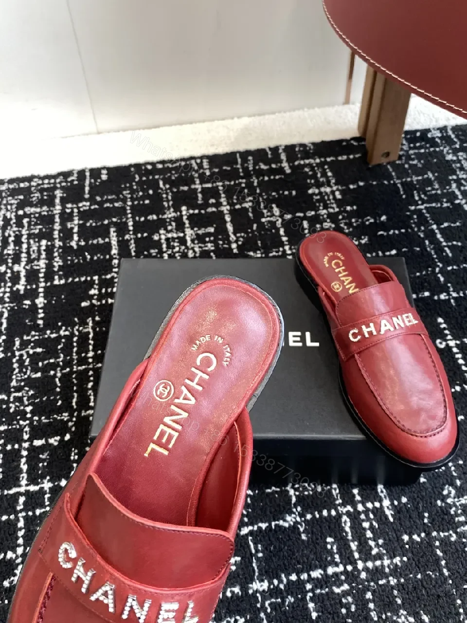 View 8 of Bold Red Leather Slip-Ons with Signature Strap