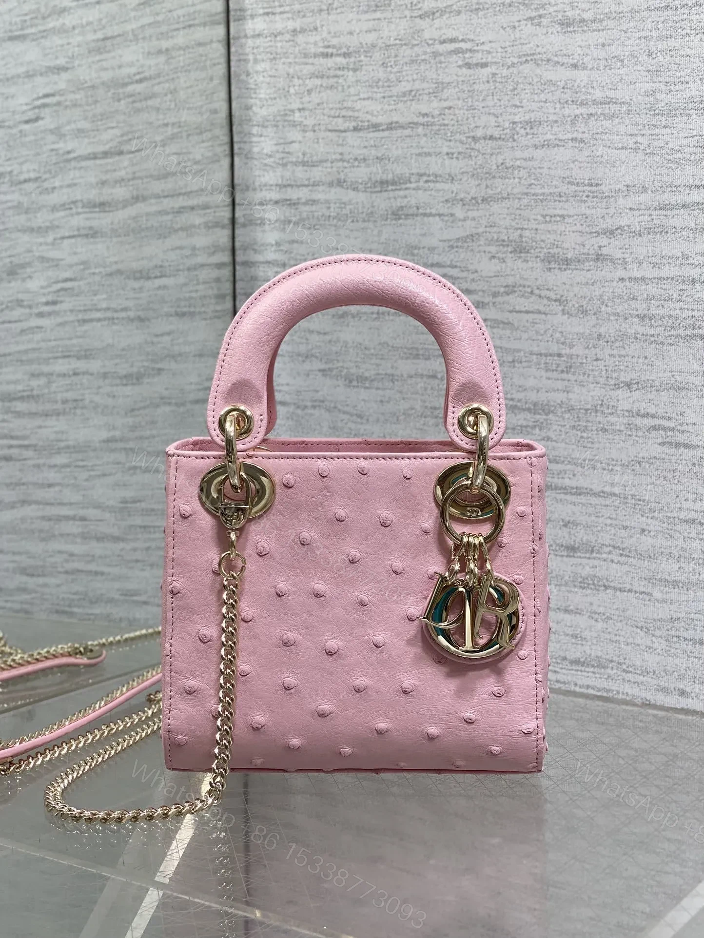 View 2 of Christian Dior Mini Lady Dior bag in Pink ostrich leather