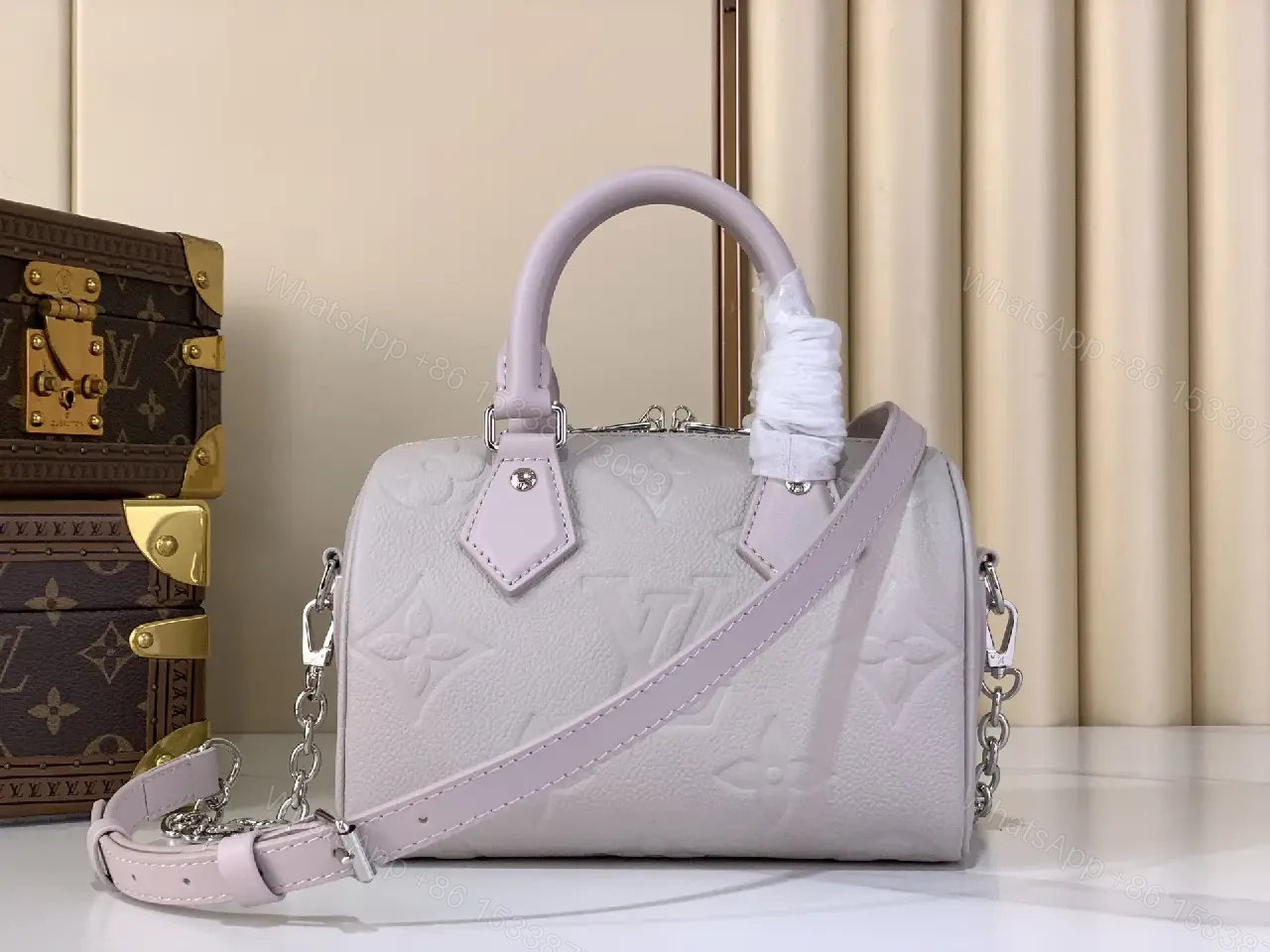View 9 of Light Lavender Louis Vuitton-Style Dome Handbag with Chain Strap
