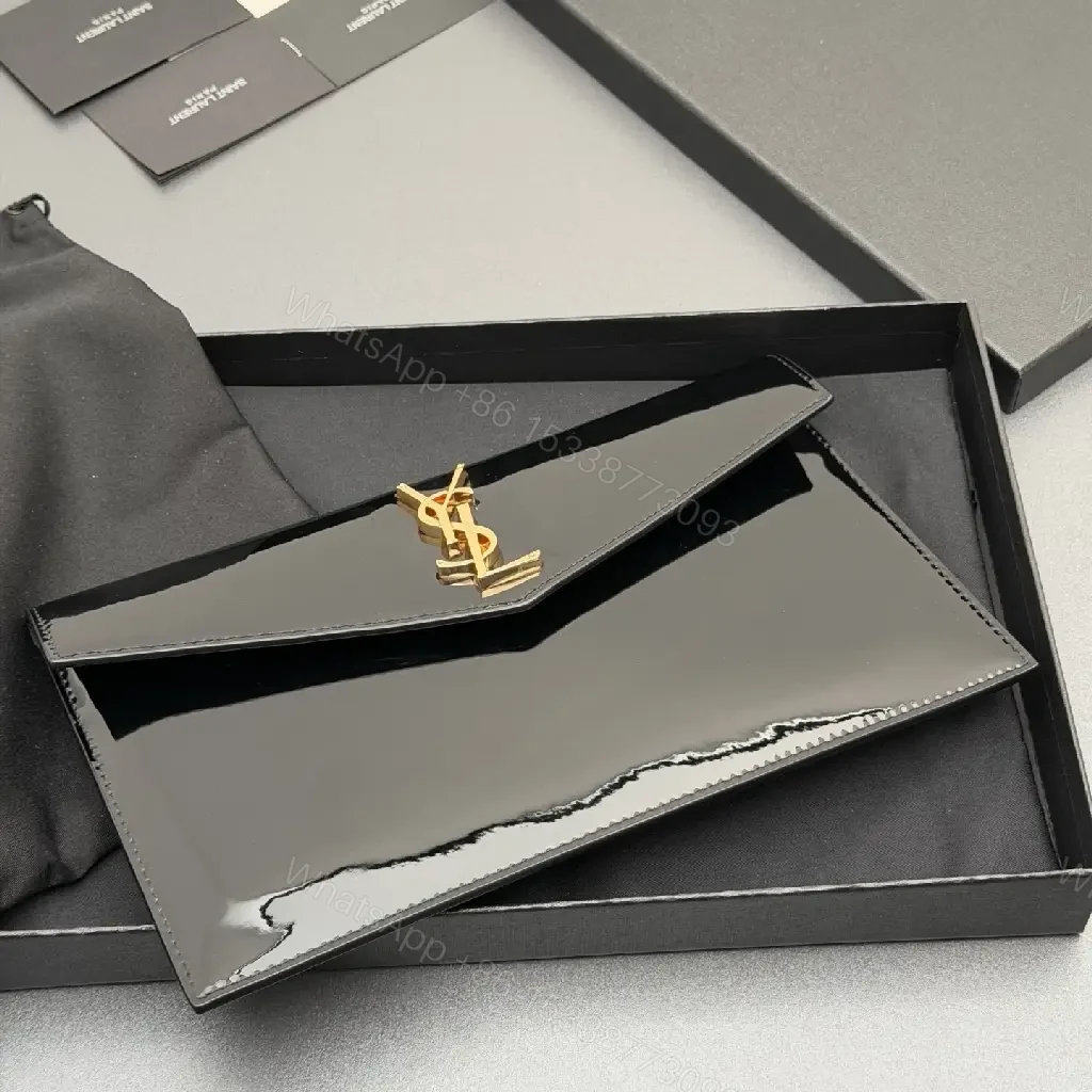 View 3 of Glossy Patent Envelope Clutch: Luxe Gold Logo Wallet