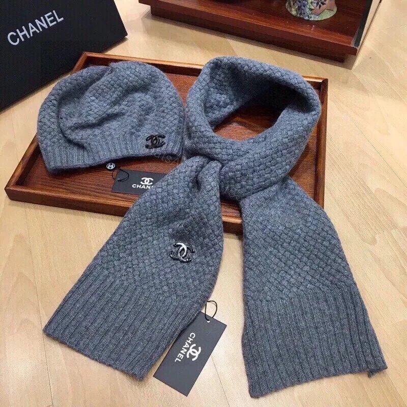 Muted Gray Knit Set: Cozy Luxury Scarf & Beanie with Logo Hardware — view 1