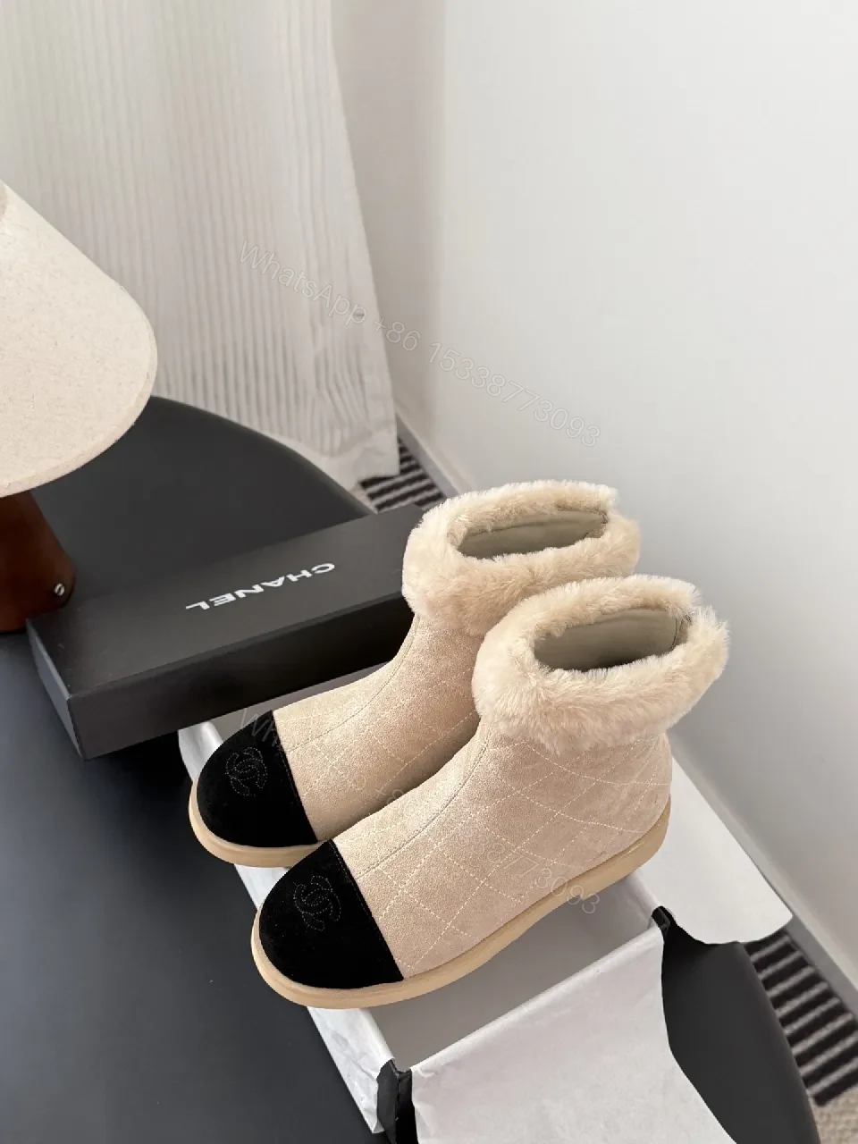 Beige Quilted Booties with Black Suede Toe Cap Shine — view 1