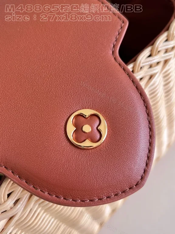 View 4 of Chic Straw Handbag with Leather Trim and LV Emblem