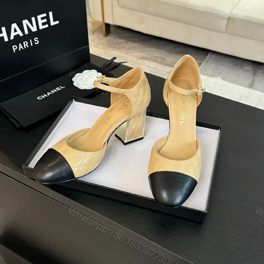 View 3 of Two-Tone Quilted Heels with Ankle Strap, Block Heel, Luxe Quilting