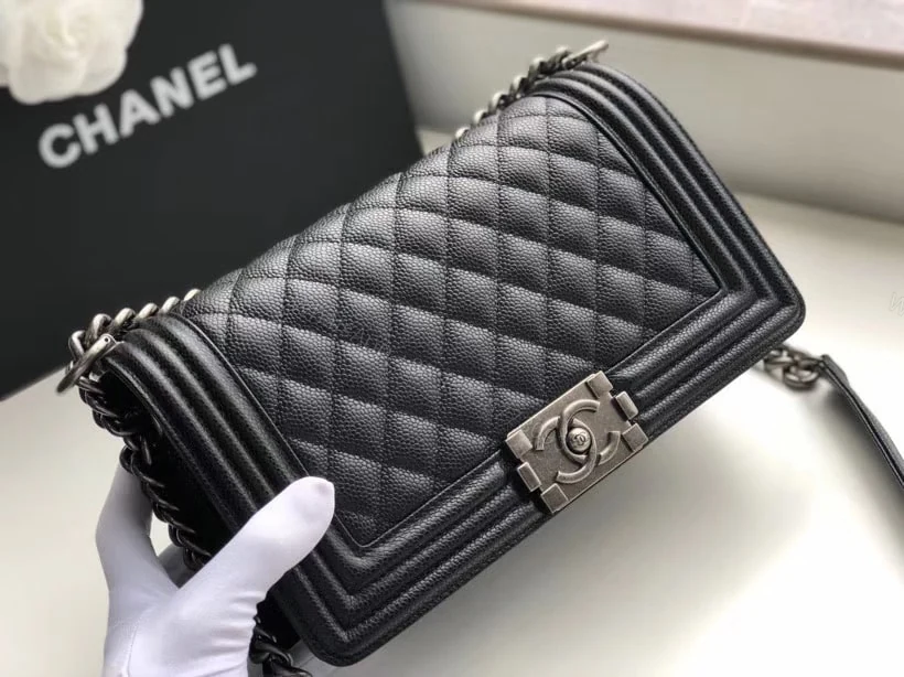 View 2 of Chanel Boy Medium Handbag Black Sliver Hardware 25Cm