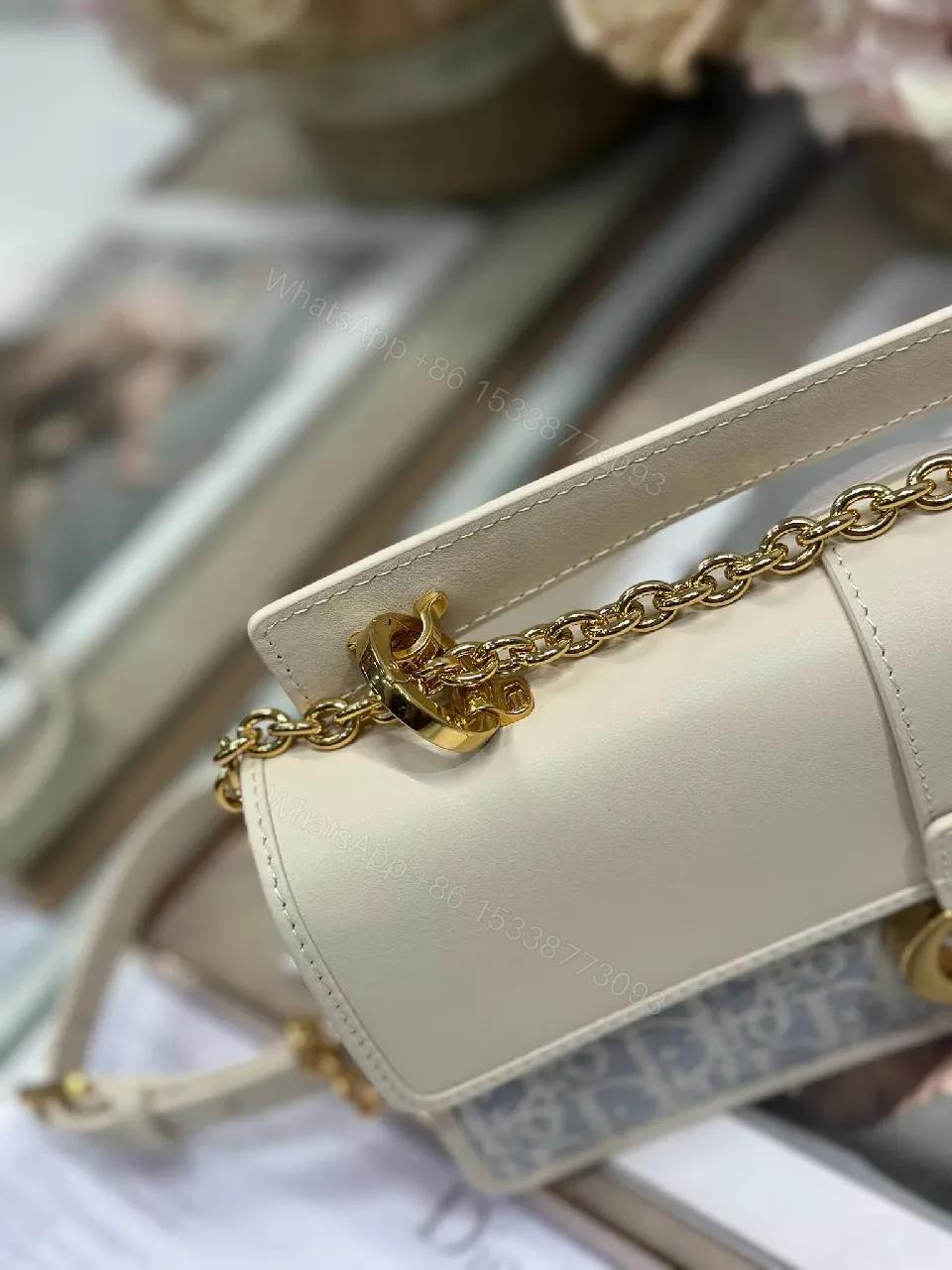 View 9 of Two-Tone Denim-Canvas Satchel with Gold Chain Bag