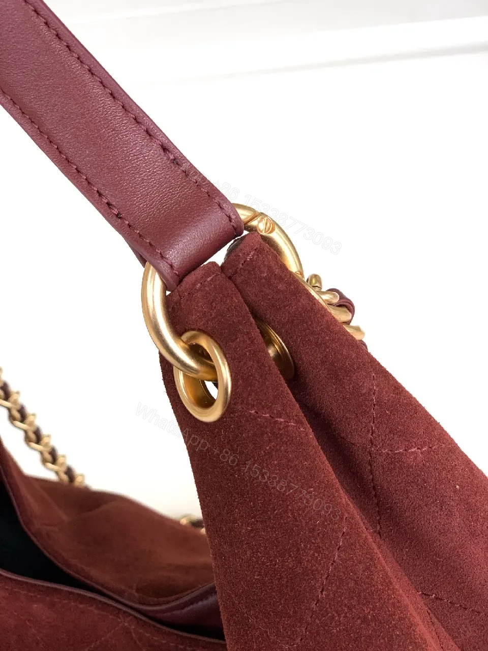 View 3 of Burgundy Suede Quilted Hobo with Gold Hardware