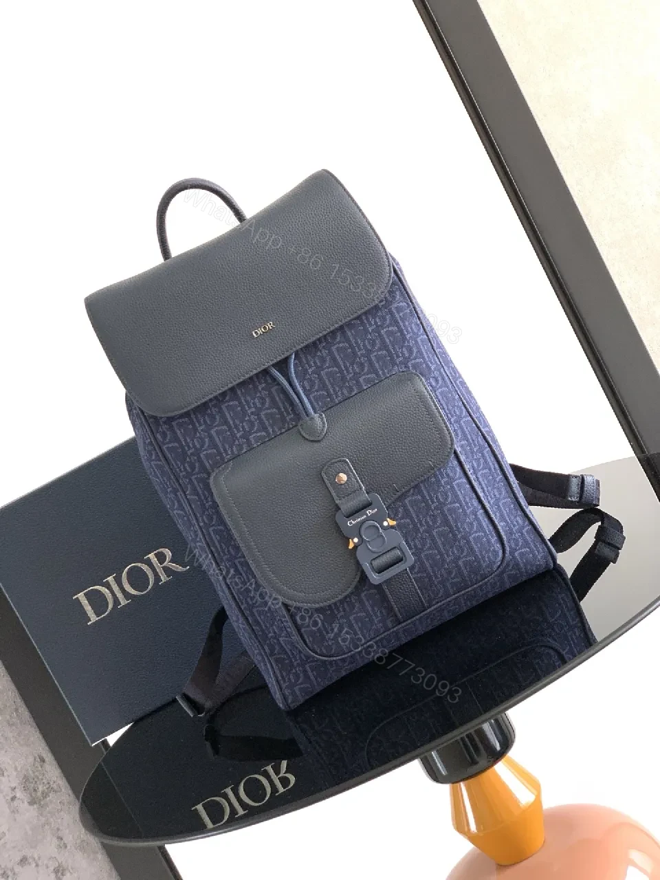 Navy Monogram Leather-Trim Compact City Backpack — view 1