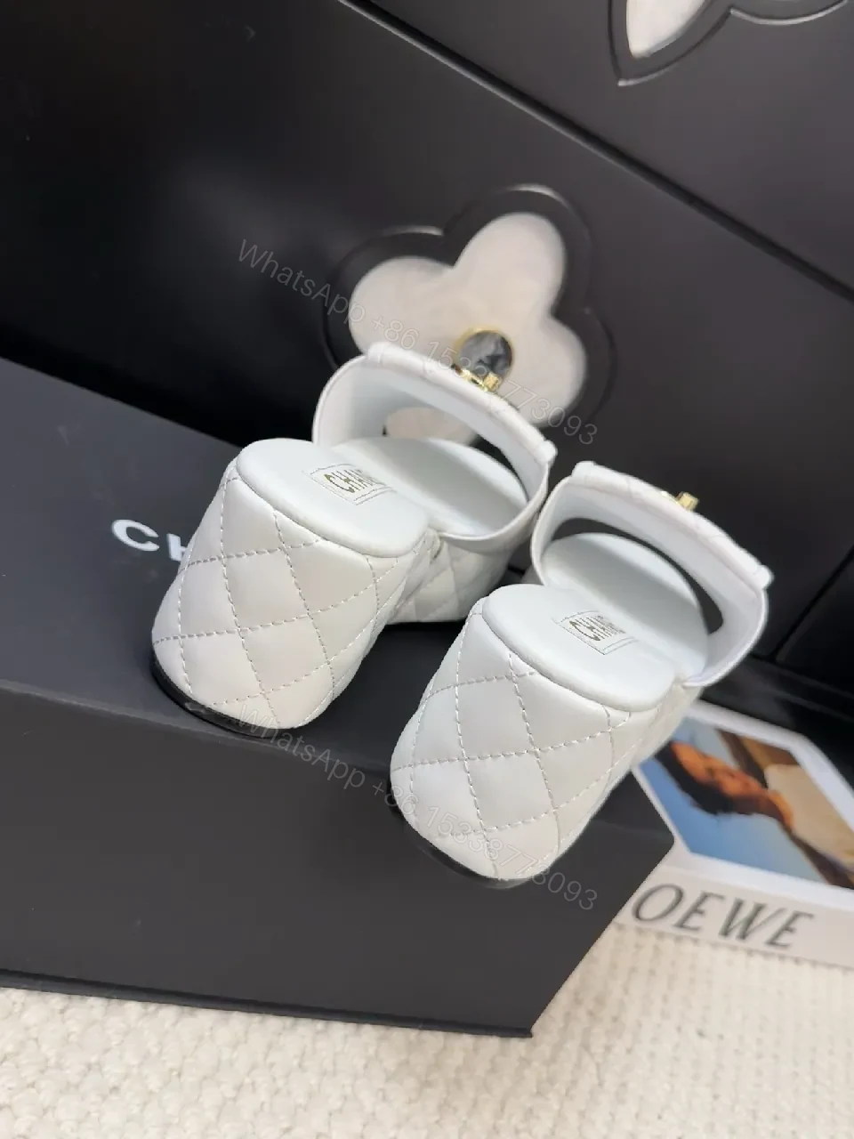 View 3 of White Quilted Slide Sandals with Gold Logo, Luxury Comfort