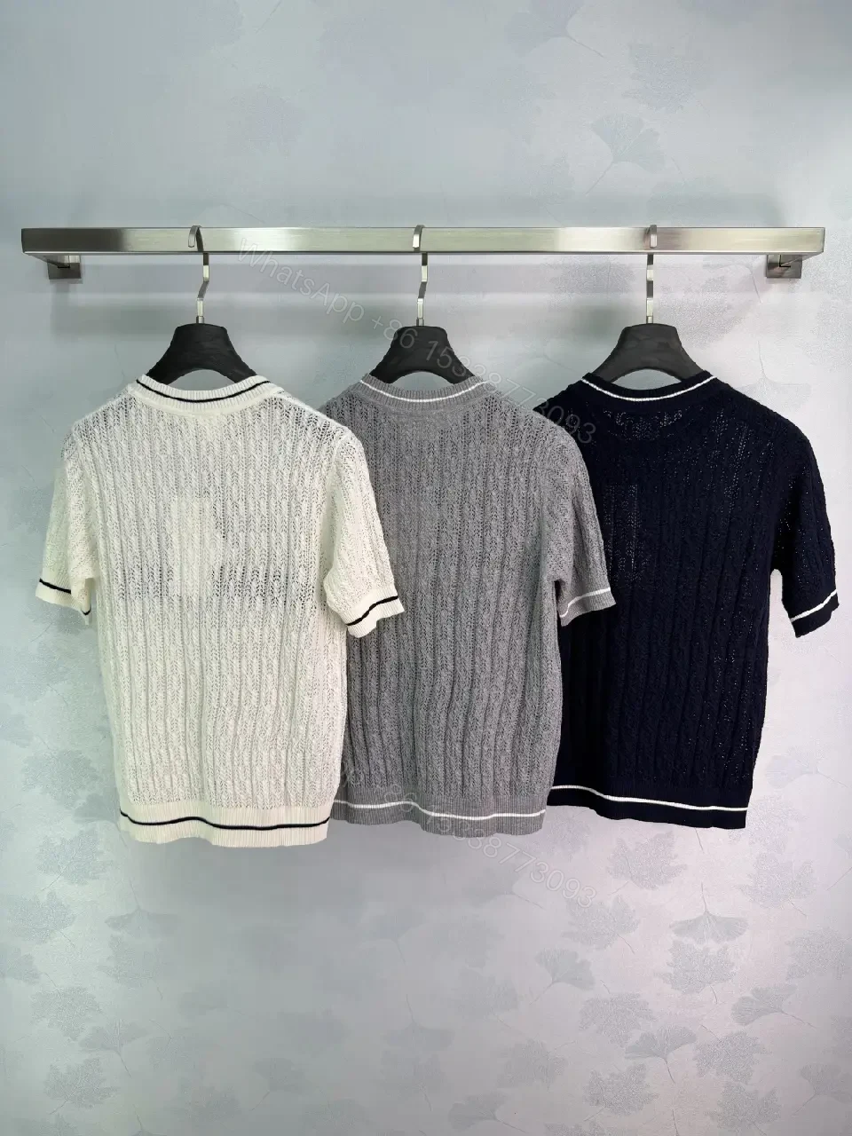 View 4 of White/Gray/Black Knit Short-Sleeve with Star Logo, Cable Knit, Dior Banner