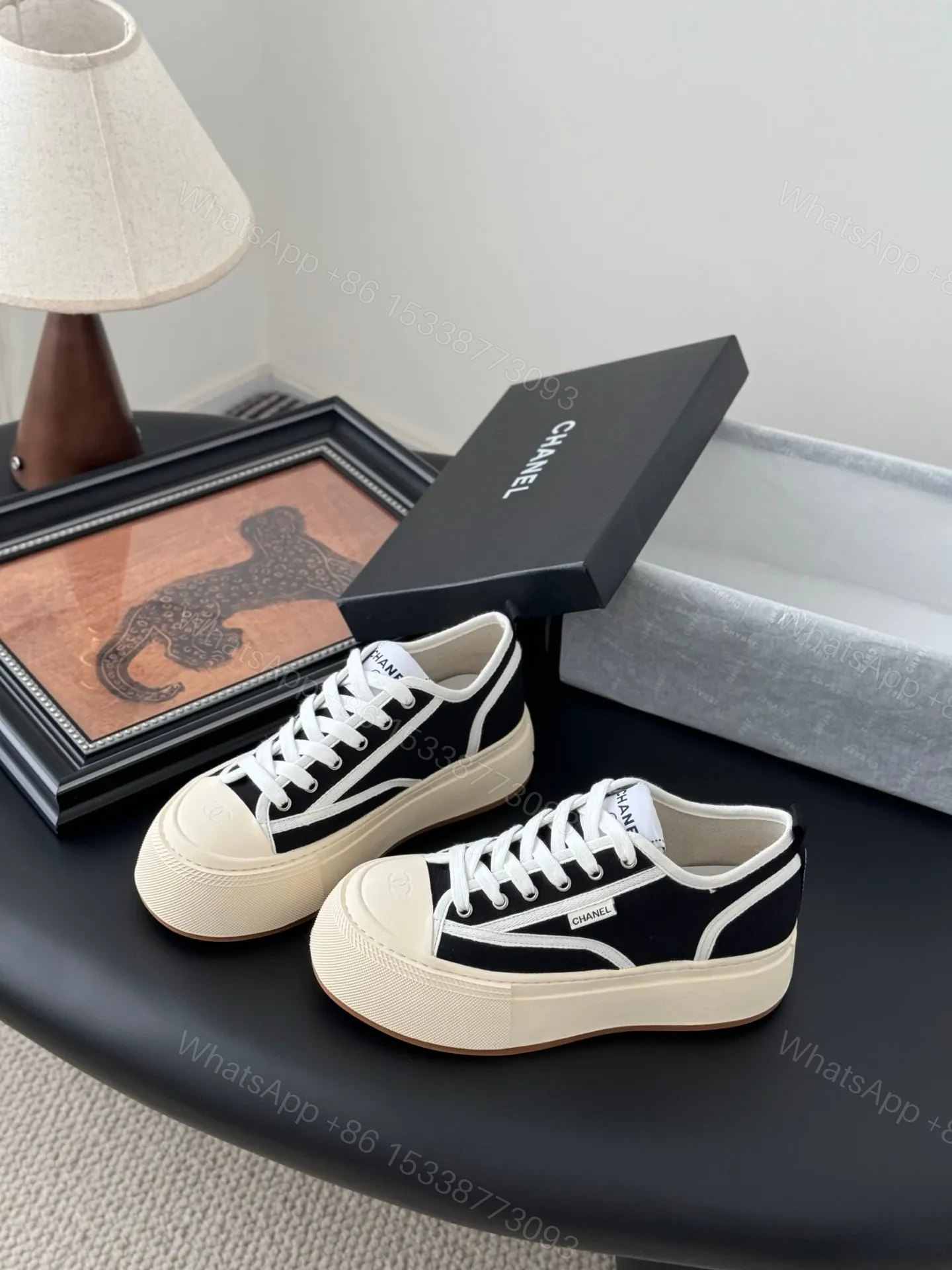 View 2 of Chanel Women Black Canvas Contrast Rubber Sneakers