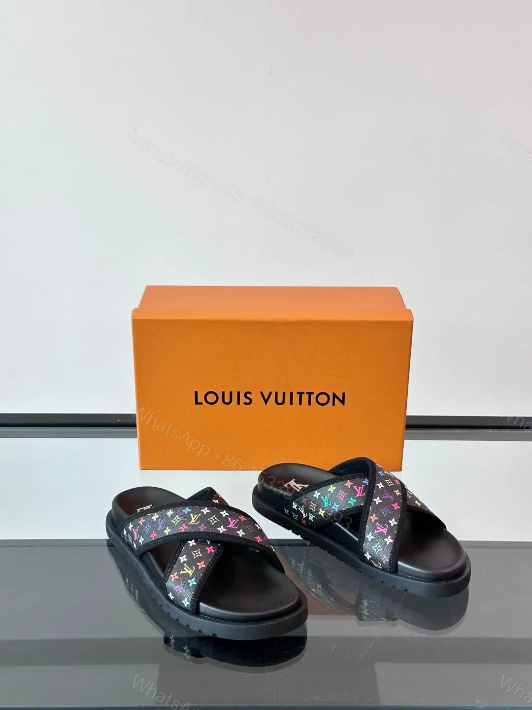 View 5 of LV Men Black Multicolor Canvas Slides