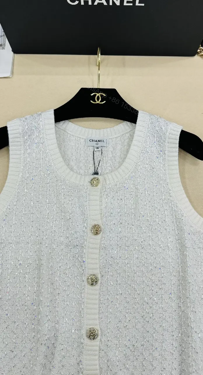 View 7 of Textured Knit Vest Set: Sparkling Buttons, Black & White