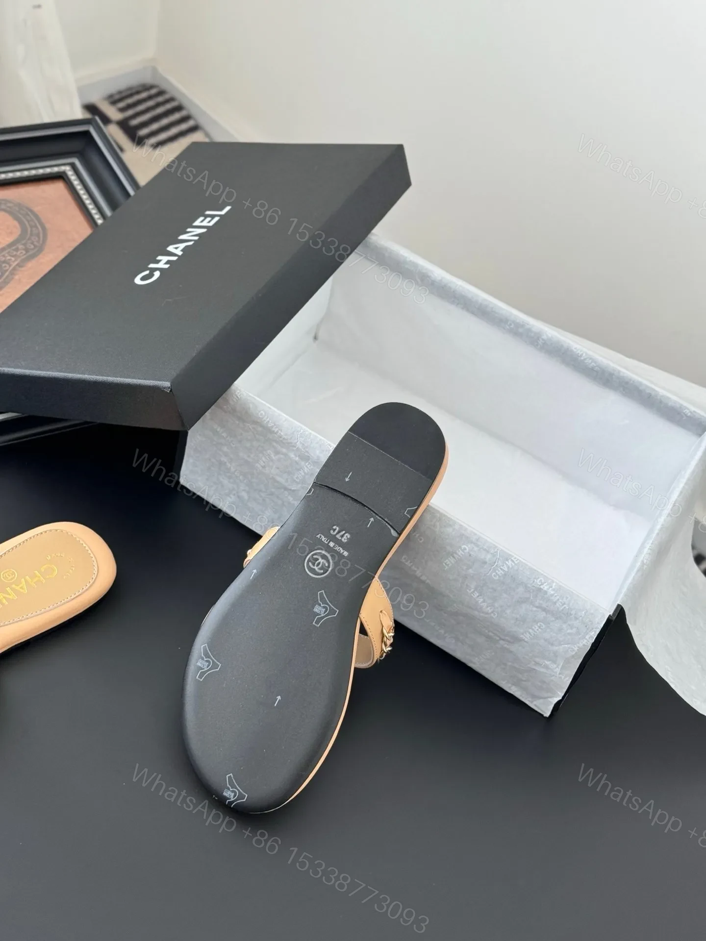 View 4 of Chanel Women Beige Leather Slides