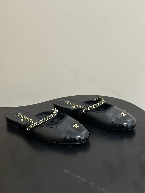 Black Leather Flat Mules Chain-Detail Chanel-Style Slippers — view 1