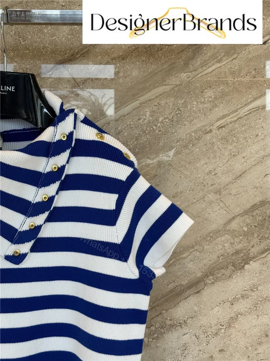 View 5 of Celine Classic Striped High-Neck Short-Sleeve Knit Top