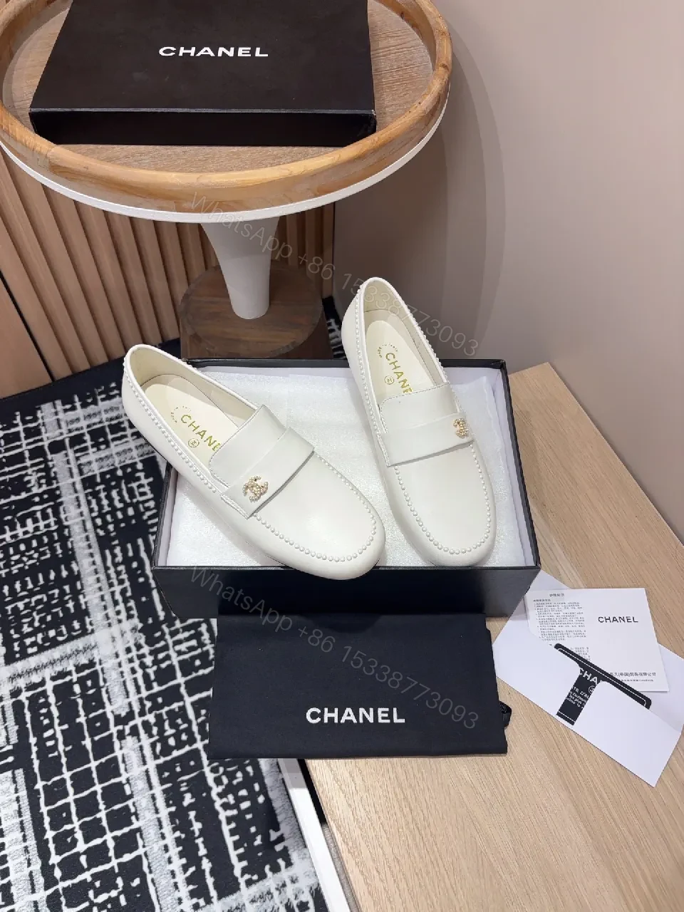 View 4 of Ivory Leather Loafers – Classic Gold Logo, Moccasin Toe