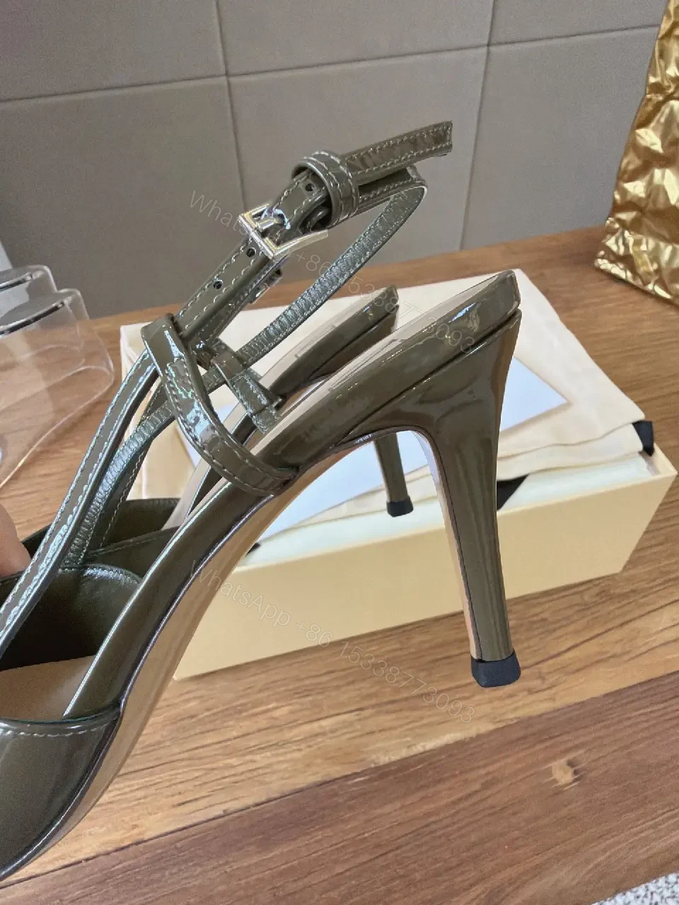 View 6 of Gray Patent Slingback Heels with Buckle Detail, Stiletto, 2.5"