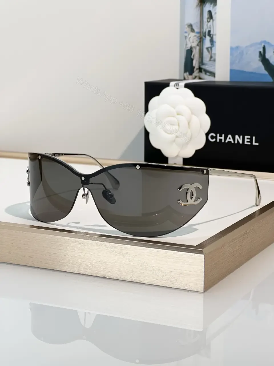 View 10 of Lux Black Gold Shield Sunglasses with Chanel Logo
